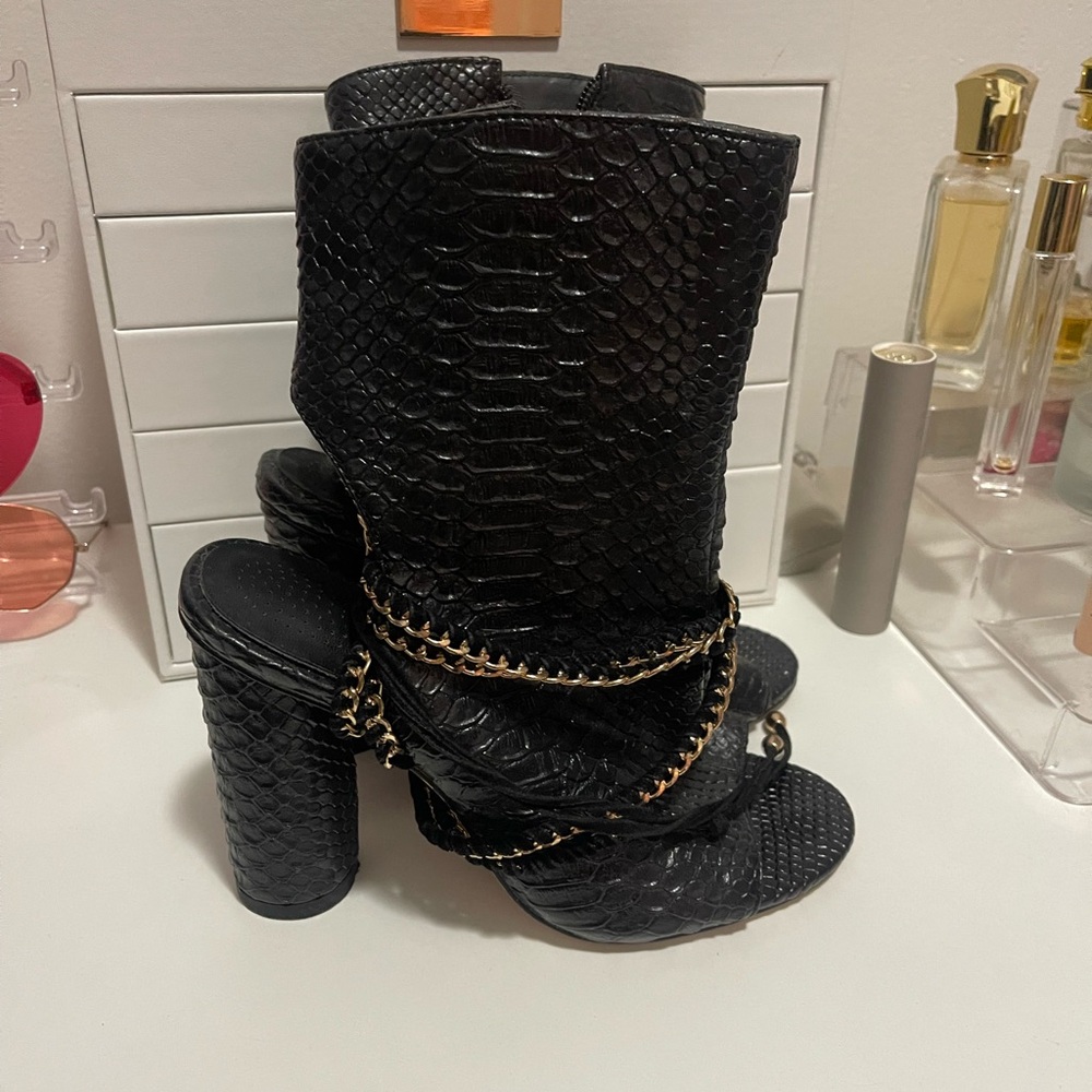 AKIRA Black Lace Up Boots with Gold Chain